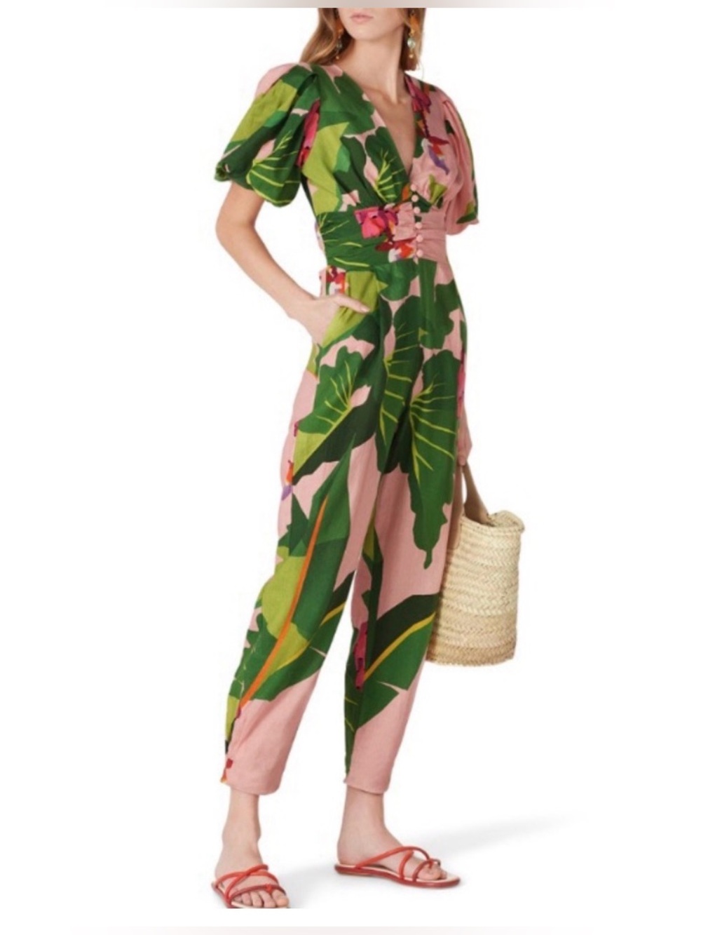 FARM Rio Tropicalistic Anthropologie puff sleeve open back linen jumpsuit M - Picture 10 of 11